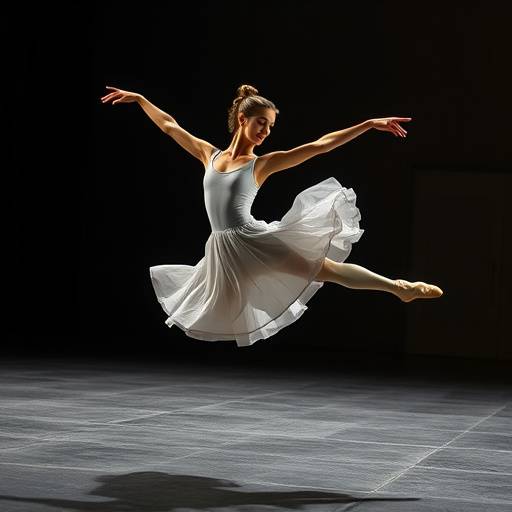 Dynamische foto van een danseres in een sierlijke sprong, vastgelegd tijdens een repetitie met focus op beweging en elegantie