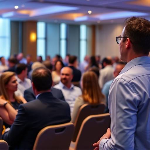 Een levendige foto van een zakelijk evenement met sprekers op het podium en publiek dat aandachtig luistert.