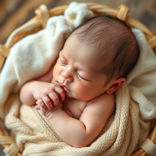 Een pasgeboren baby die vredig slaapt in een mandje, omringd door zachte dekentjes.