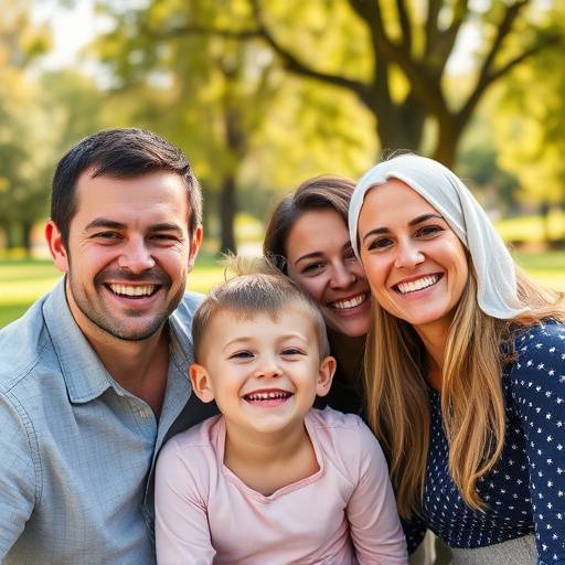 Een warm familieportret van een gezin lachend in een zonnig park.