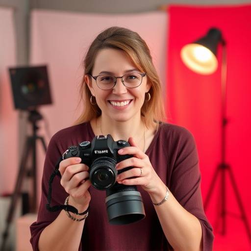Elara de Vries, oprichtster van Lichtpunt Fotografie, lachend terwijl ze een camera vasthoudt in een studio setting.