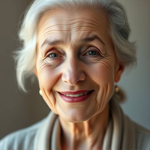 Portret van een serene oudere dame met een glimlach vol levenservaring, met zachte, natuurlijke belichting