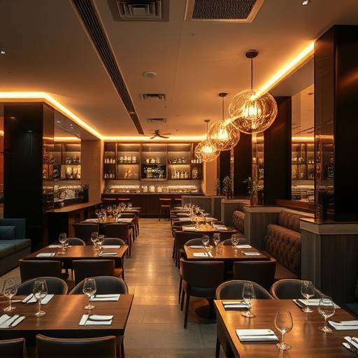 Stijlvolle foto van een modern restaurantinterieur met sfeervolle verlichting en comfortabele zitplaatsen